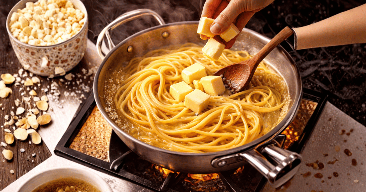 Pasta al burro in preparazione: il burro viene aggiunto al momento giusto per ottenere una consistenza cremosa e perfettamente emulsionata.
